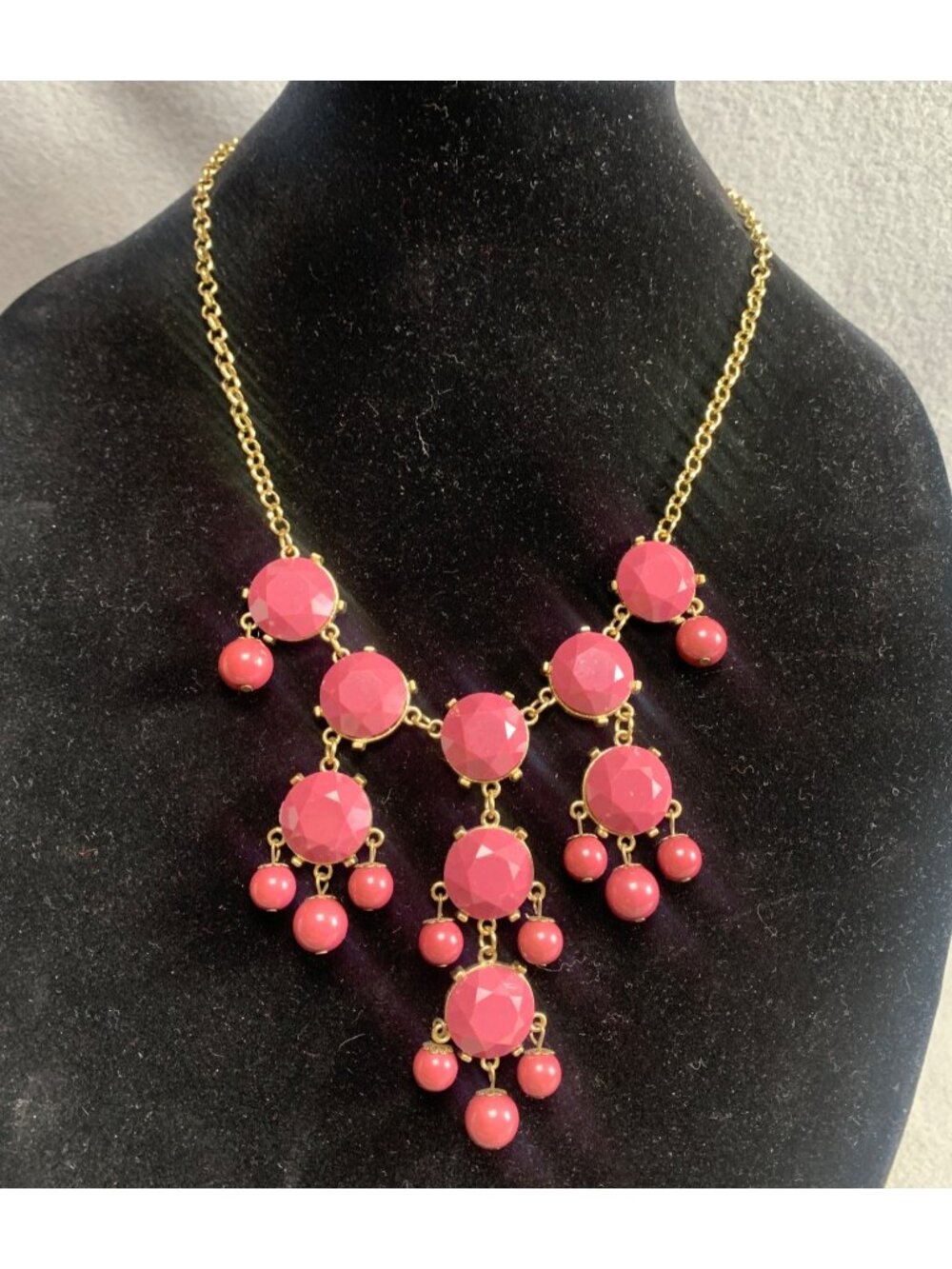 Gold Tone Pink Beaded Statement Necklace Adjustable Chain 20"